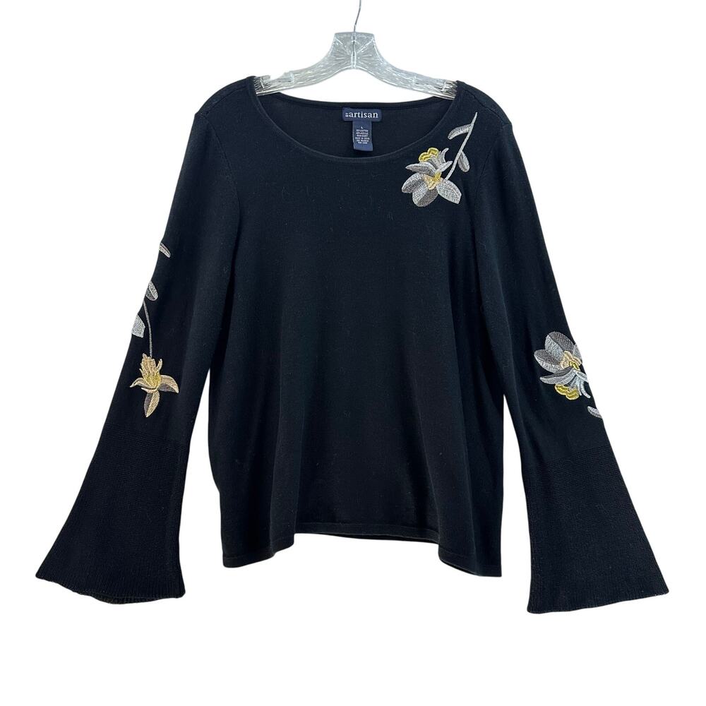BY Artisan Size Large Sweater Priam Metallic Embroidery Knit Bell Sleeve Black